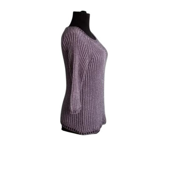 Chicos Size 1 M 8 Purple Metallic Knit Sweater Scoop Neck 3/4 Sleeves Ribbed - Picture 5 of 10